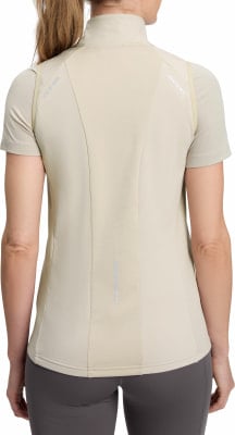 Damen-Weste in Beige mit kurzen Ärmeln und Stehkragen, reflektierende Details. Damen-Weste in Beige mit kurzen Ärmeln und Stehkragen, reflektierende Details.