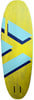 Gelbes Surfbrett mit blau-hellblauen geometrischen Mustern.