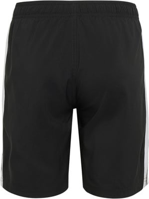 Schwarze Shorts mit weißen Seitenstreifen und elastischem Bund. Schwarze Shorts mit weißen Seitenstreifen und elastischem Bund.