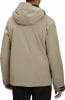 Rückansicht einer beigen Herrenjacke mit Kapuze und schwarzen Details an den Ärmeln.