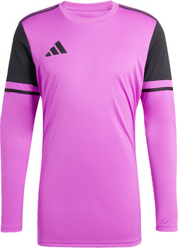 Pinkes Fußballtrikot mit langen Ärmeln und schwarzen Streifen an den Ärmeln.