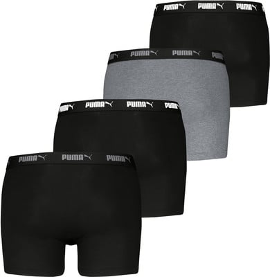 Ein Viererpack Puma Boxershorts in Schwarz und Grau. Ein Viererpack Puma Boxershorts in Schwarz und Grau.