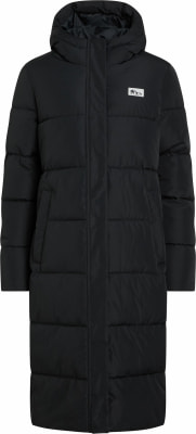 Schwarze gesteppte Jacke mit Kapuze und Logo auf der Brust. Schwarze gesteppte Jacke mit Kapuze und Logo auf der Brust.