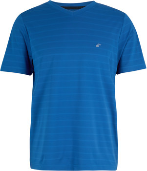 Blaues T-Shirt mit kurzen Ärmeln und V-Ausschnitt mit feinem Muster.