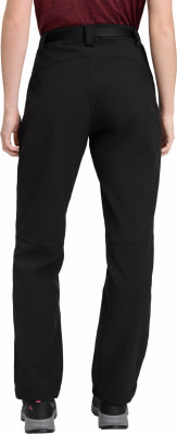 Rückansicht einer schwarzen Outdoorhose mit rosa Detail am Schuh.