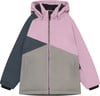 Eine rosa, graue und dunkelblaue Winterjacke mit Kapuze und Farbblockdesign.