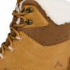 Brauner Winterstiefel mit Fell und Wassertropfen.