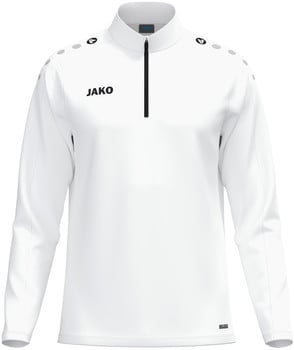 Weißes Sweatshirt mit kurzem Reißverschluss und JAKO-Logo auf der Brust.