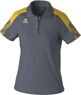 Graues Damen-Poloshirt mit gelben Details an Schultern und Ärmeln. Graues Damen-Poloshirt mit gelben Details an Schultern und Ärmeln.