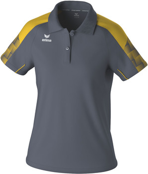 Graues Damen-Poloshirt mit gelben Details an Schultern und Ärmeln.