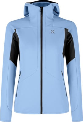 Hellblaue Damenjacke mit schwarzen Einsätzen und Logo. Hellblaue Damenjacke mit schwarzen Einsätzen und Logo.