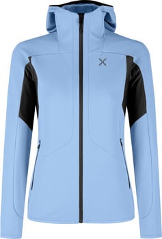 Hellblaue Damenjacke mit schwarzen Einsätzen und Logo.