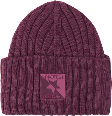 Lila Rippstrickmütze mit Protest-Logo und Stern.