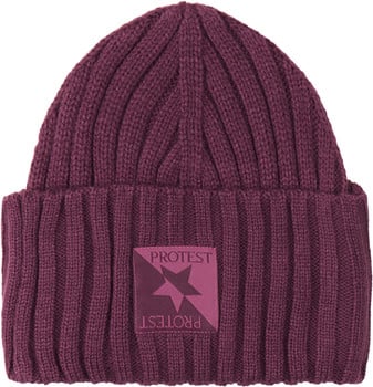 Lila Rippstrickmütze mit Protest-Logo und Stern.