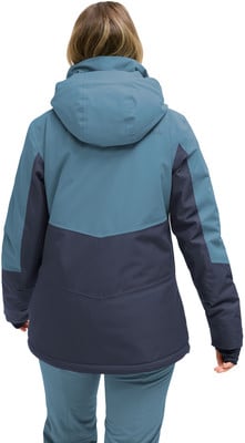 Rückansicht einer Damen-Winterjacke in Dunkelblau und Türkis. Rückansicht einer Damen-Winterjacke in Dunkelblau und Türkis.