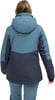 Rückansicht einer Damen-Winterjacke in Dunkelblau und Türkis.