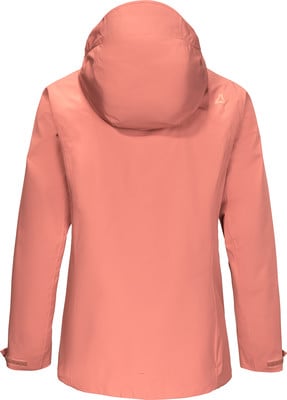 Rückansicht einer rosa Damenjacke mit Kapuze und Logo auf der Schulter. Rückansicht einer rosa Damenjacke mit Kapuze und Logo auf der Schulter.