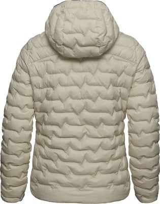 Rückansicht einer cremefarbenen Daunenjacke mit Kapuze und gestepptem Muster.