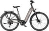 Graues KTM E-Bike mit Gepäckträger, Schutzblechen und Scheibenbremsen.