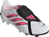 Weiße Adidas Predator Fußballschuhe mit rosa Streifen und schwarzer Zunge.
