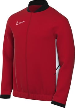 Červená bunda Nike s bielym logom a čiernym golierom.