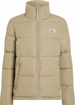 Beige Daunenjacke mit hohem Kragen und Brustlogo. Beige Daunenjacke mit hohem Kragen und Brustlogo.