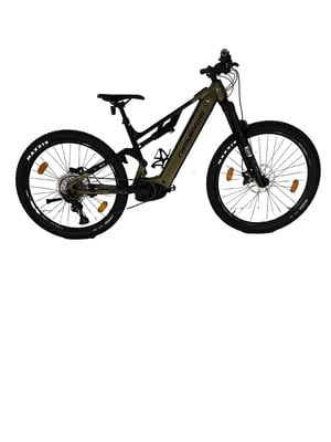 Grünes Genesis E-Bike mit Federung und schwarzen Maxxis-Reifen.