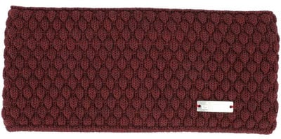 Ein dunkelweinfarbener Strickstirnband mit schuppenartiger Textur. Ein dunkelweinfarbener Strickstirnband mit schuppenartiger Textur.