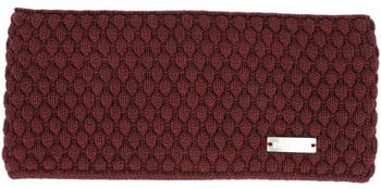 Ein dunkelweinfarbener Strickstirnband mit schuppenartiger Textur.