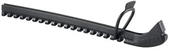 Schwarzer Skihalter aus Kunststoff mit Schlaufe und Clip.
