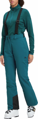 Damen-Skihose mit Latz und schwarzen Hosenträgern in Dunkelgrün. Damen-Skihose mit Latz und schwarzen Hosenträgern in Dunkelgrün.