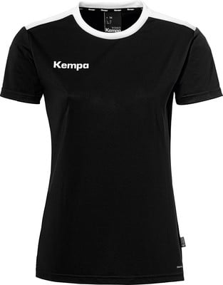 Schwarzes Damen-T-Shirt von Kempa mit weißem Halsausschnitt und Logo. Schwarzes Damen-T-Shirt von Kempa mit weißem Halsausschnitt und Logo.