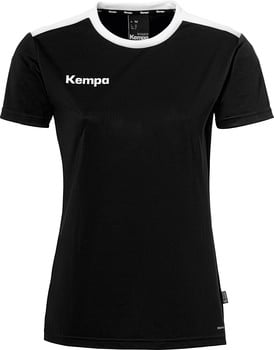 Schwarzes Damen-T-Shirt von Kempa mit weißem Halsausschnitt und Logo.