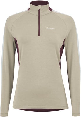 Damen-Sportpullover in Beige mit bordeauxroten Details und weißem Ärmelstreifen. Damen-Sportpullover in Beige mit bordeauxroten Details und weißem Ärmelstreifen.
