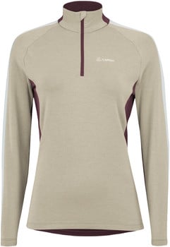 Damen-Sportpullover in Beige mit bordeauxroten Details und weißem Ärmelstreifen.