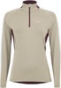 Damen-Sportpullover in Beige mit bordeauxroten Details und weißem Ärmelstreifen.