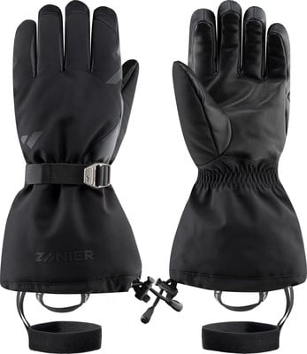 Schwarze Skihandschuhe mit verstellbarem Riemen und Zanier-Logo. Schwarze Skihandschuhe mit verstellbarem Riemen und Zanier-Logo.