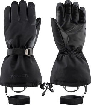 Schwarze Skihandschuhe mit verstellbarem Riemen und Zanier-Logo.