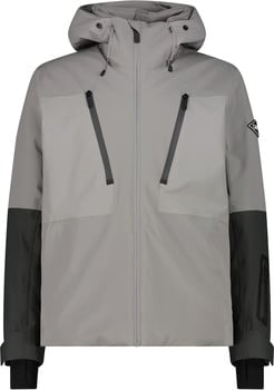 Graue Herren-Skijacke mit dunkleren Ärmeln und Kapuze.