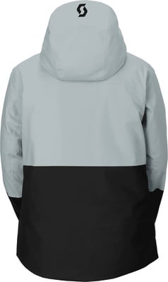 Rückansicht einer Herren-Skijacke von Scott mit Kapuze in Grau und Schwarz. Rückansicht einer Herren-Skijacke von Scott mit Kapuze in Grau und Schwarz.