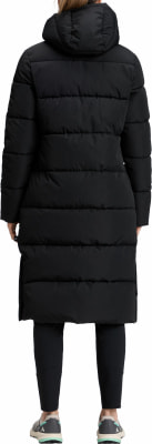 Schwarze Damen-Daunenjacke mit Kapuze und langem Mantel. Schwarze Damen-Daunenjacke mit Kapuze und langem Mantel.