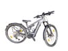 Grauer E-Mountainbike-Rahmen mit Federung und Gepäckträger.