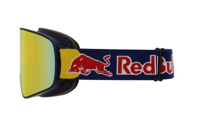Lyžařské brýle s modrým páskem a logem Red Bull. Lyžařské brýle s modrým páskem a logem Red Bull.