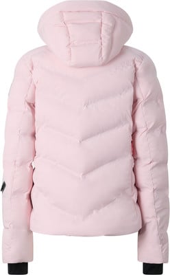 Eine rosa Daunenjacke mit Kapuze, V-förmig gesteppt und mit schwarzen Bündchen.