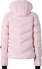 Eine rosa Daunenjacke mit Kapuze, V-förmig gesteppt und mit schwarzen Bündchen.
