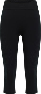 Schwarze 3/4-Leggings mit feinem Muster und breitem Bund. Schwarze 3/4-Leggings mit feinem Muster und breitem Bund.
