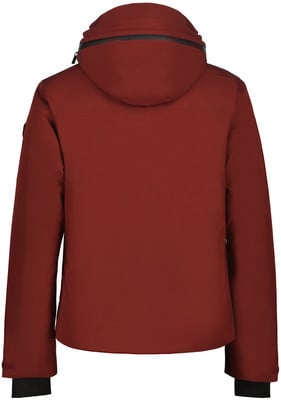 Rückansicht einer roten Herrenjacke mit Kapuze und schwarzen Details.