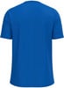 Rückansicht eines blauen kurzärmeligen T-Shirts mit Rundhalsausschnitt.