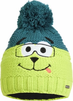 Grüne Strickmütze mit türkiser Bommel und Hundefratze mit Brille. Grüne Strickmütze mit türkiser Bommel und Hundefratze mit Brille.
