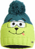 Grüne Strickmütze mit türkiser Bommel und Hundefratze mit Brille.